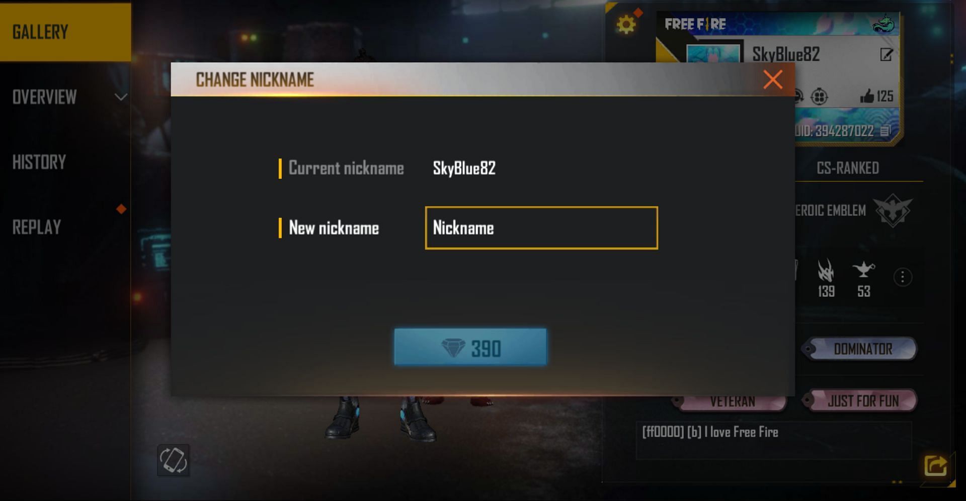 The desired name can be pasted into the text field (Image via Garena)